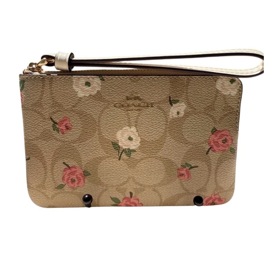 Coach Tan and Pink Floral Monogram Wristlet NWT